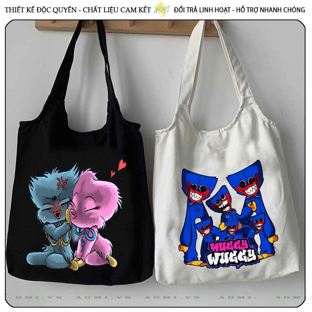 TOTE CANVAS HUGGY WUGGY FORM TRÒN TÚI VẢI ĐEO VAI BAG NÚT BẤM SIZE LỚN AOMIVN DU LỊCH  MÀU ĐEN TRẮNG