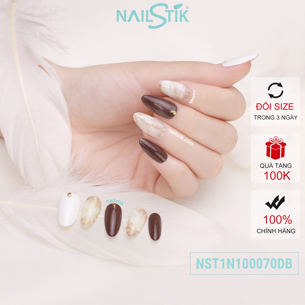 Móng úp thiết kế by NAILSTIK, màu nâu trắng, form móng bầu, ngắn/dài, 070