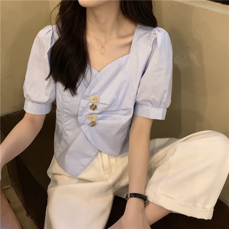 Áo Sơ Mi Tay Ngắn Phồng Cổ Chữ V Màu Trắng Thời Trang Mùa Hè Hàng Mới Dành Cho Bạn Nữ