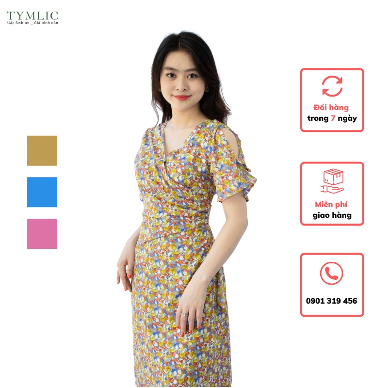 Đầm Lụa Dáng Midi Xếp Ly Eo Tay Xẻ Cổ V TYMLIC