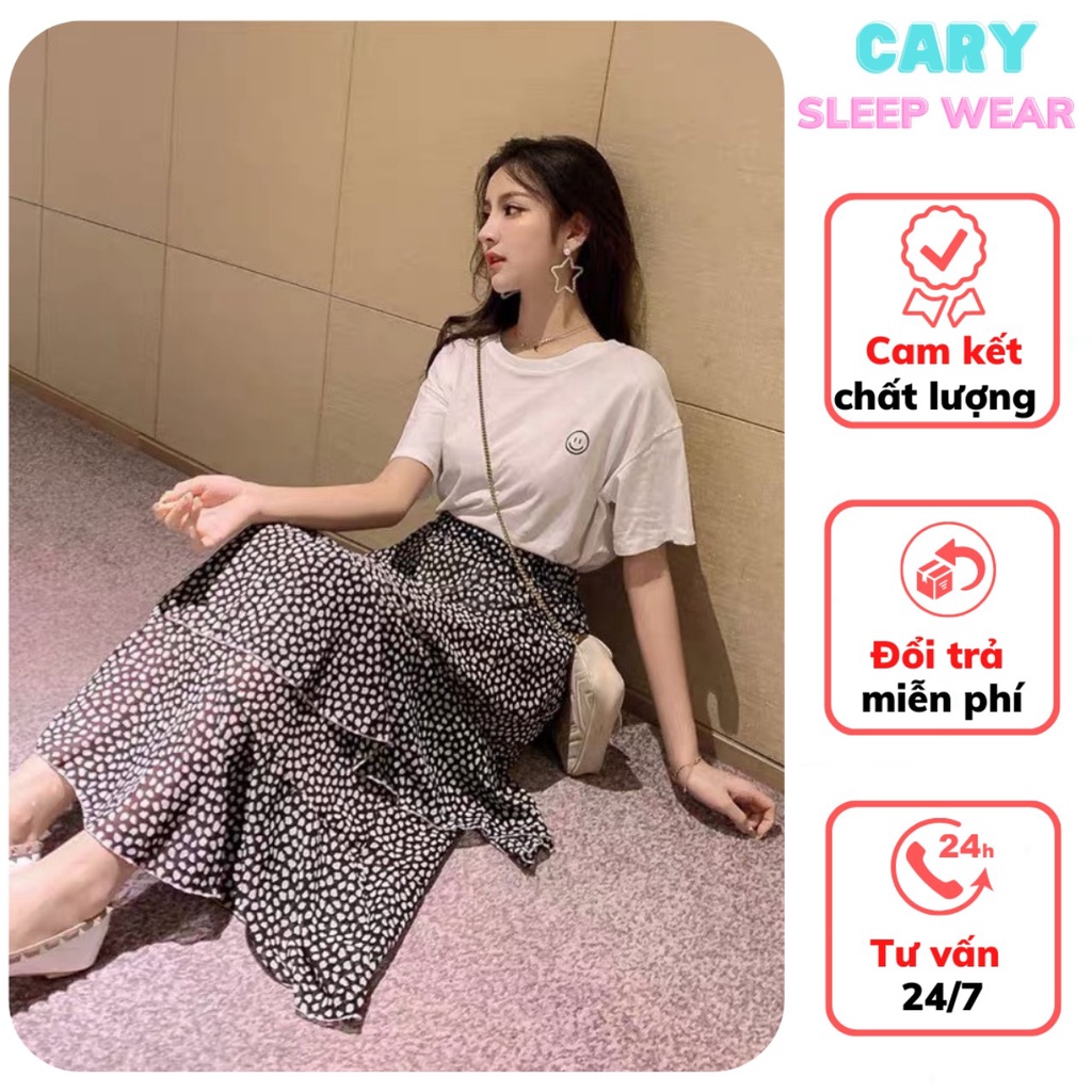 Set váy hoa nhí dáng dài tầng chữ A mix áo thun unisex form rộng đi biển siêu xinh