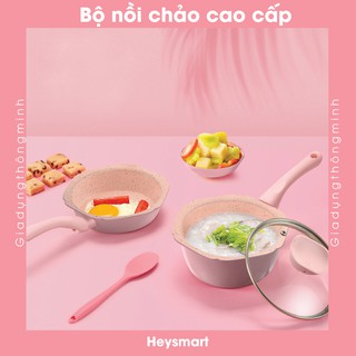Bộ nồi chảo đá tráng men chống dính cao cấp thiết kế hình hoa, nồi chảo cho bé ăn dặm màu hồng pastel dùng được bếp từ