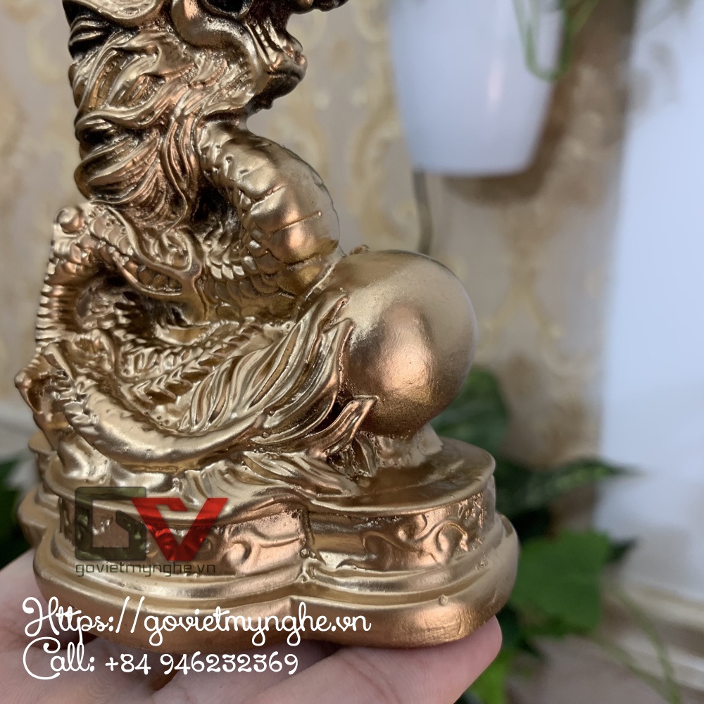 Tượng đá con Rồng trang trí phong thủy bàn làm việc cầu công danh tài lộc - Cao 11cm - Màu nhũ đồng