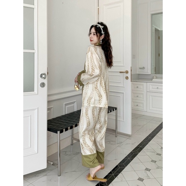 [Hàng sẵn] bộ ngủ mặc nhà pijama lụa xước cao cấp Quảng Châu nút thắt xanh
