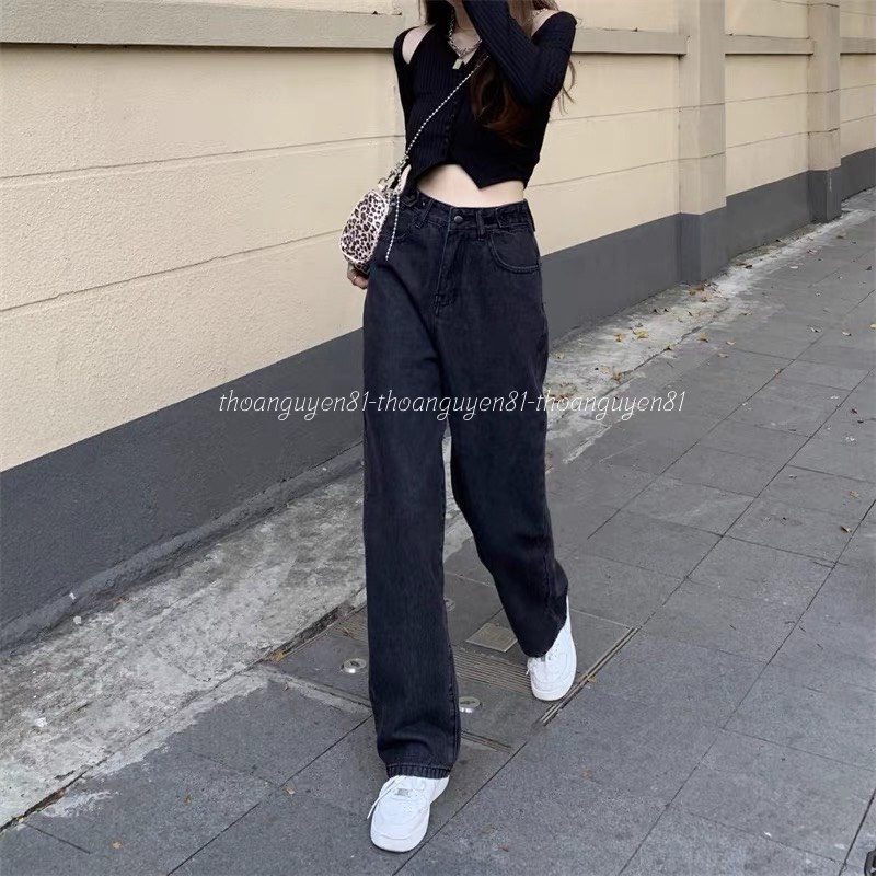 Quần jeans suông ống rộng đen nữ phong cách hàn quốc 2022