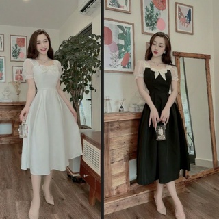 Váy xòe tiểu thư có nơ dự tiệc thiết kế siêu sang màu trắng màu đen