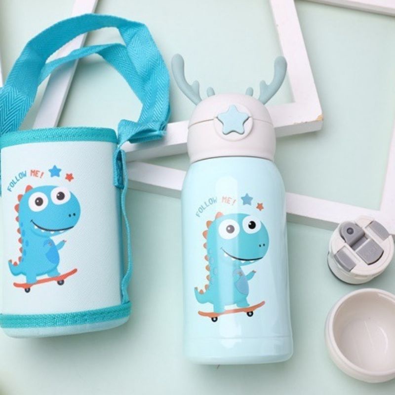 Bình Nước Giữ Nhiệt Inox Cao Cấp 500ml Hình Hươu Cute Cho Bé Có Ống Hút