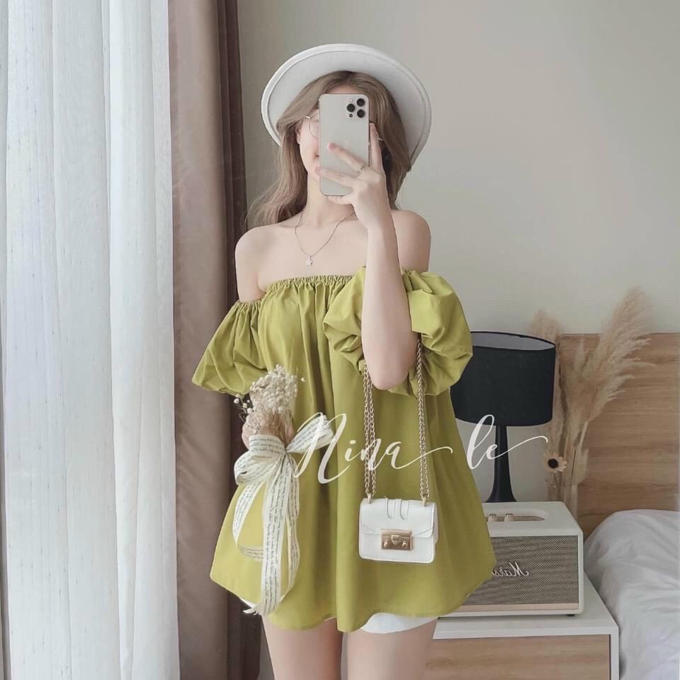 Sét bộ đồ nữ áo kiểu trễ vai cúp ngực kèm quần đùi dễ thương