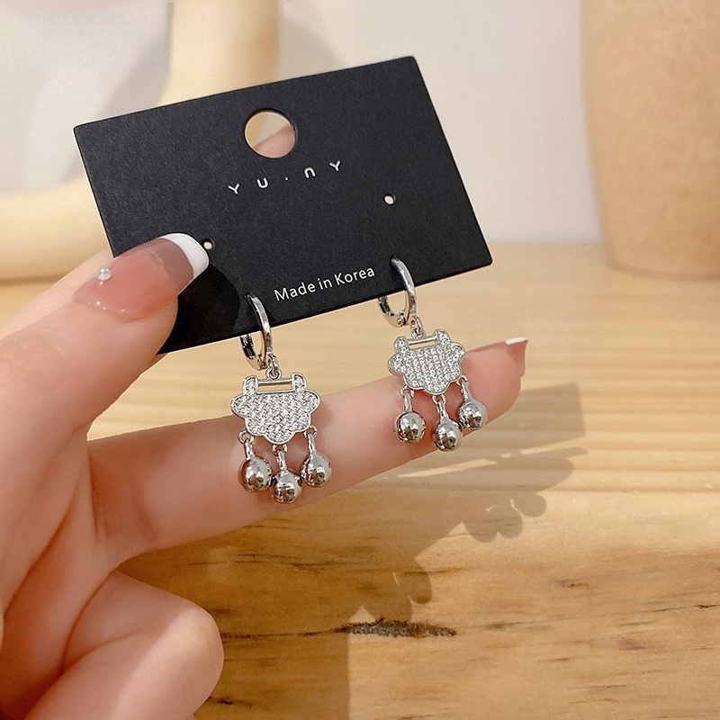 Bông Tai Mạ Bạc 925 Hình Ổ Khóa Phong Cách Trung Hoa Cổ Điển Thời Trang