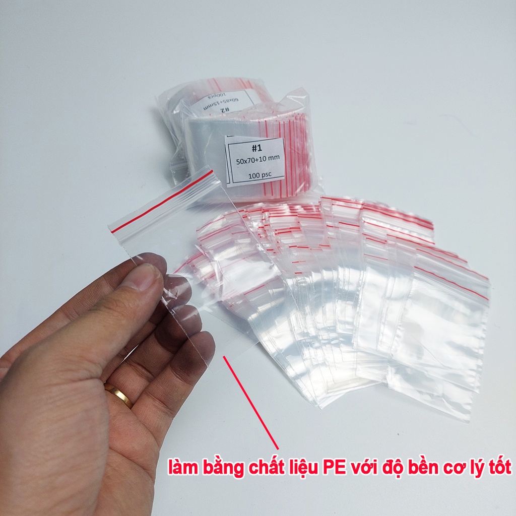 100 Túi Zip Trong Chỉ Đỏ ,Túi Zipper Bấm Miệng - size 5x7 cm