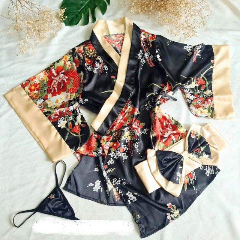 Áo choàng ngủ hóa trang kimono - cosplay sexy phong cách geisa Nhật Bản màu đen