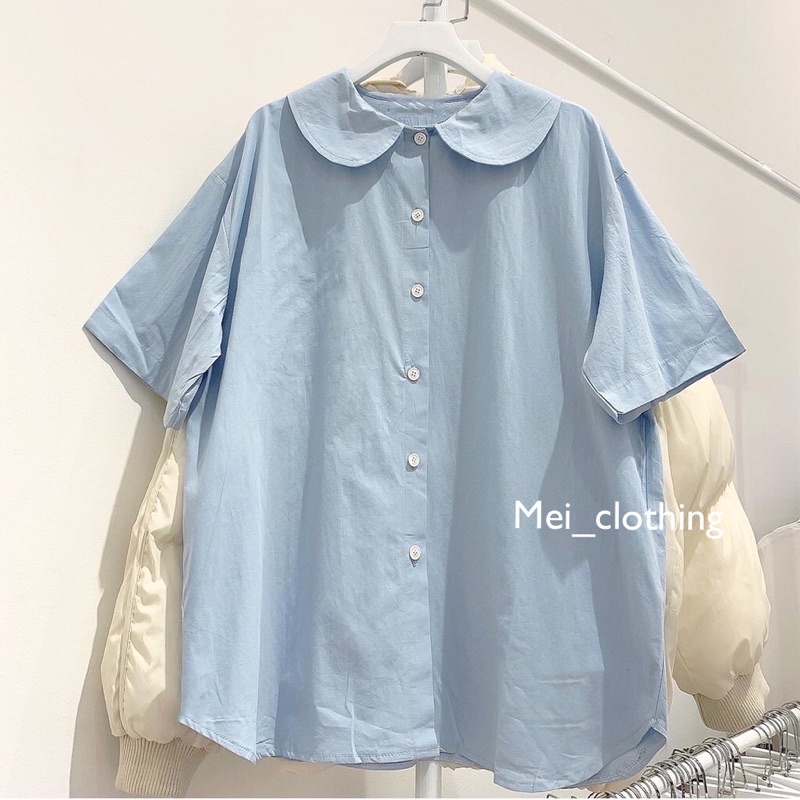 [Ảnh thật/video] Áo sơmi cộc tay babydoll cổ sen dáng rộng cute