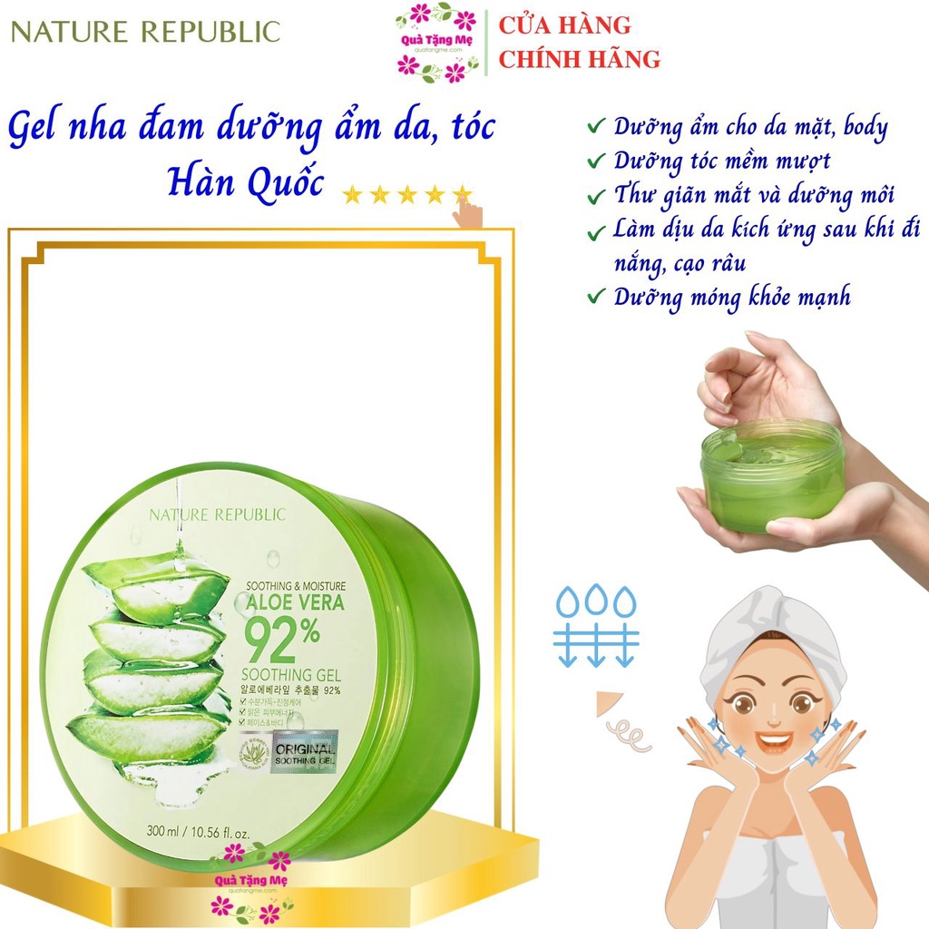 Dưỡng ẩm da, tóc Hàn Quốc Nature Republic Soothing &amp; Moisture Aloe Vera 92% Soothing Gel 300ml Quatangme