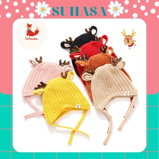 Mũ len SUHASA Tuần lộc dây buộc, mũ len Noel giáng sinh cho bé từ 6 tháng đến 3 tuổi cực xinh
