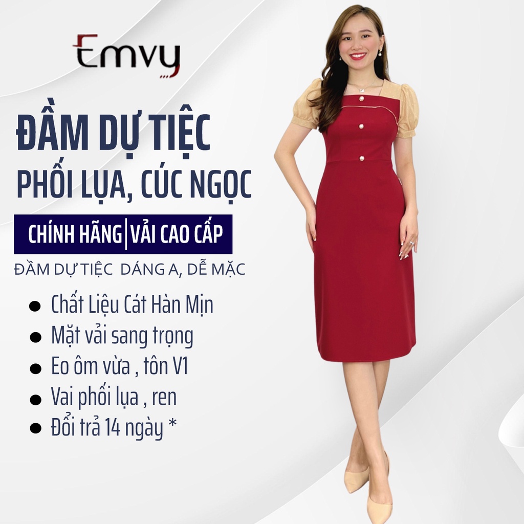 Đầm dự tiệc dáng suông cổ phối ren chất liệu Cát hàn cao cấp Emvy B102