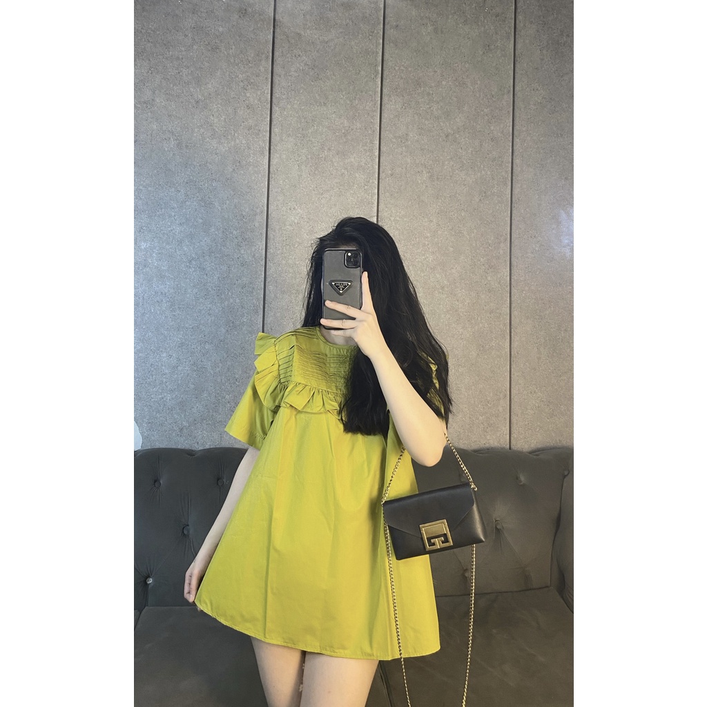 [Ảnh Thật] Áo Babydoll Thô Mềm Cổ Viền Bèo Xếp Li Ngang 2 Màu Cốm / Nâu [LanHin90]