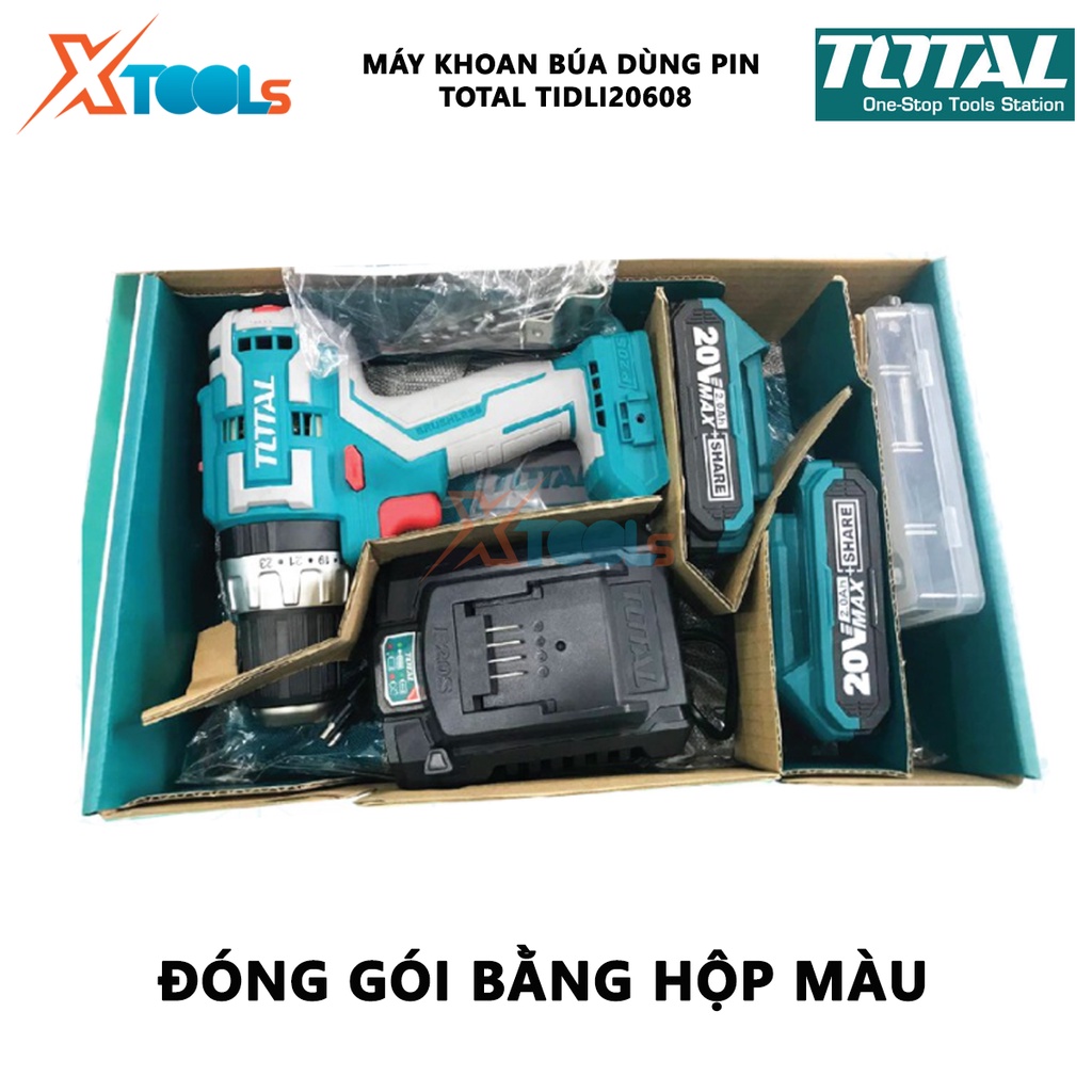 Máy khoan bê tông dùng pin 20V không chổi than TOTAL TIDLI20608 hai tốc độ 450-1900v/p, tốc độ đập 22500bmp, khả năng kẹ