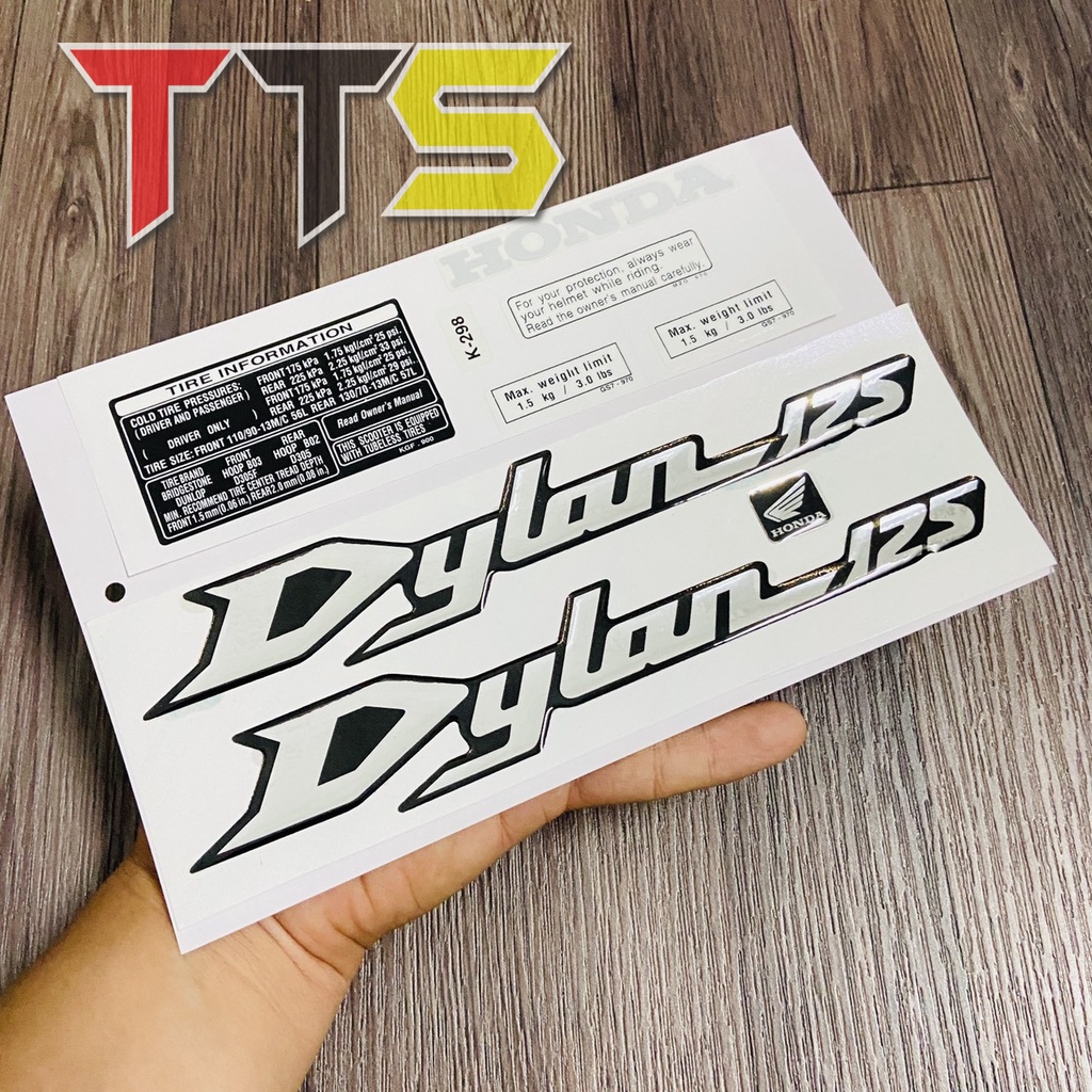 Bộ tem xe Honda Dylan 125, Dylan 150 kèm tem thông số chất liệu nhựa nổi cao cấp