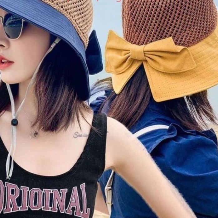 Nón/Mũ cói tiểu thư đi biển thắt nơ cao cấp - #mucoidibien