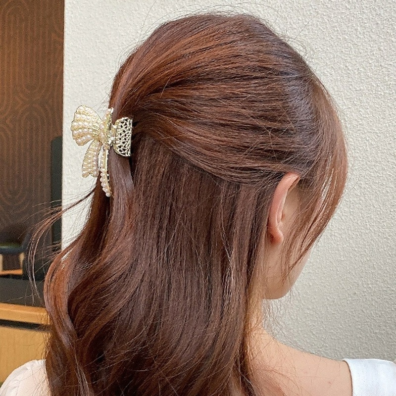 Kẹp Tóc Hình Nơ Bằng Kim Loại Đính Ngọc Trai Giả Thanh Lịch