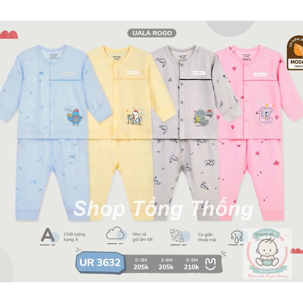 Bộ Uala Rogo Modal dài tay cài giữa thú cưng sơ sinh cao cấp mềm mịn thoáng mát thấm hút tốt cho bé trai bé gái 3632