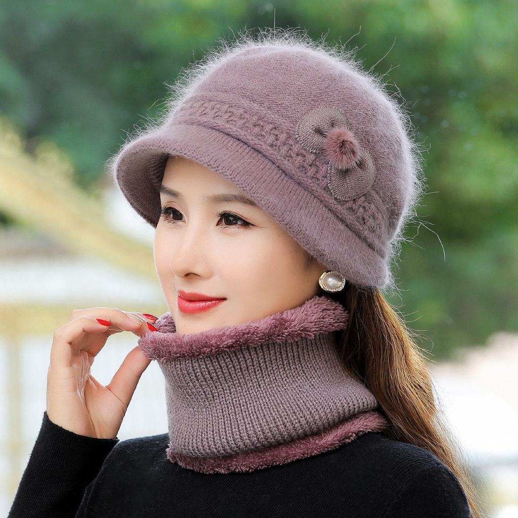 Mũ dệt kim cotton len lông thỏ giữ ấm tai mùa thu đông cho phụ nữ trung niên