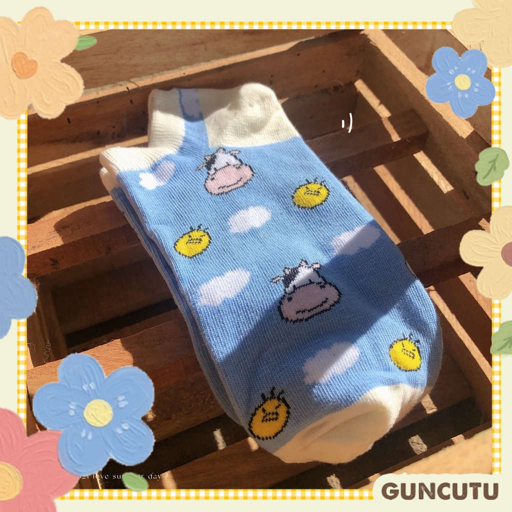 Vớ cổ ngắn bò sữa màu xanh nước biển - Guncutu