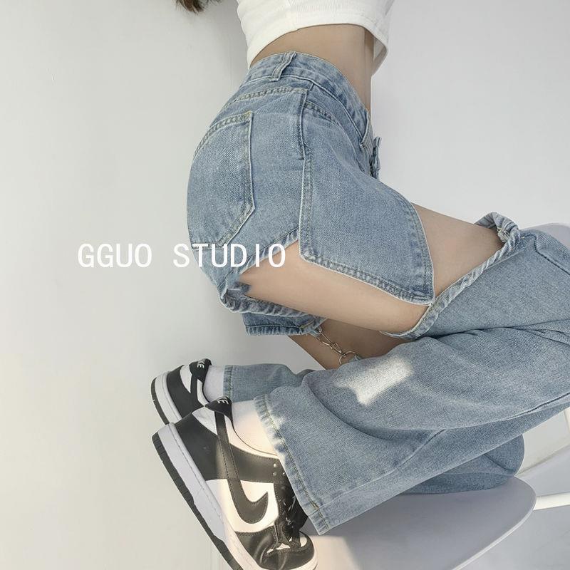 Quần Jeans Dài Ống Rộng Lưng Cao Phong Cách Âu Mỹ Cho Nữ