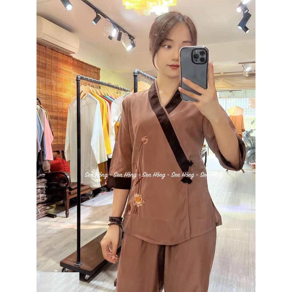 QUẦN ÁO ĐI CHÙA - set Phật tử thêu sen - đồ lam đi lễ nữ vải kate #Sen Hồng mã 030