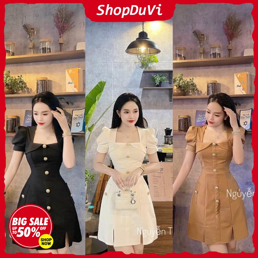 Đầm Dự Tiệc Nữ , Đầm Cổ D Tay Phồng Bo Ôm Body Đính Cúc Dọc Sẻ 2 Bên Đùi , Đầm Có Mút Chất Cotton Lạnh 3 Màu