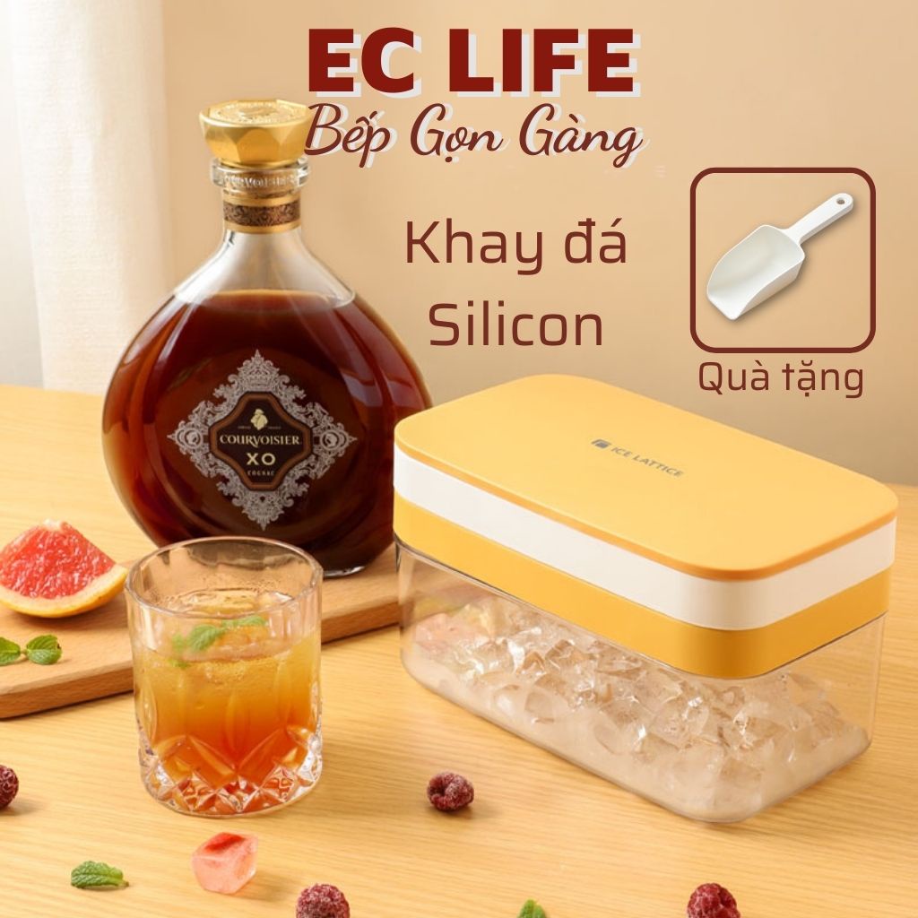 Khay đá khuôn làm đá silicon có nắp 32 viên, Khay để đồ ăn dặm bằng silicon cao cấp có hộp trữ EC Life 0703