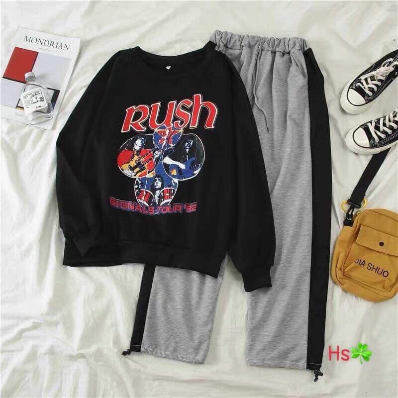 bộ nỉ thụng rộng unisex Rush quần ống suông rộng có dây rút gấu thành chun ống