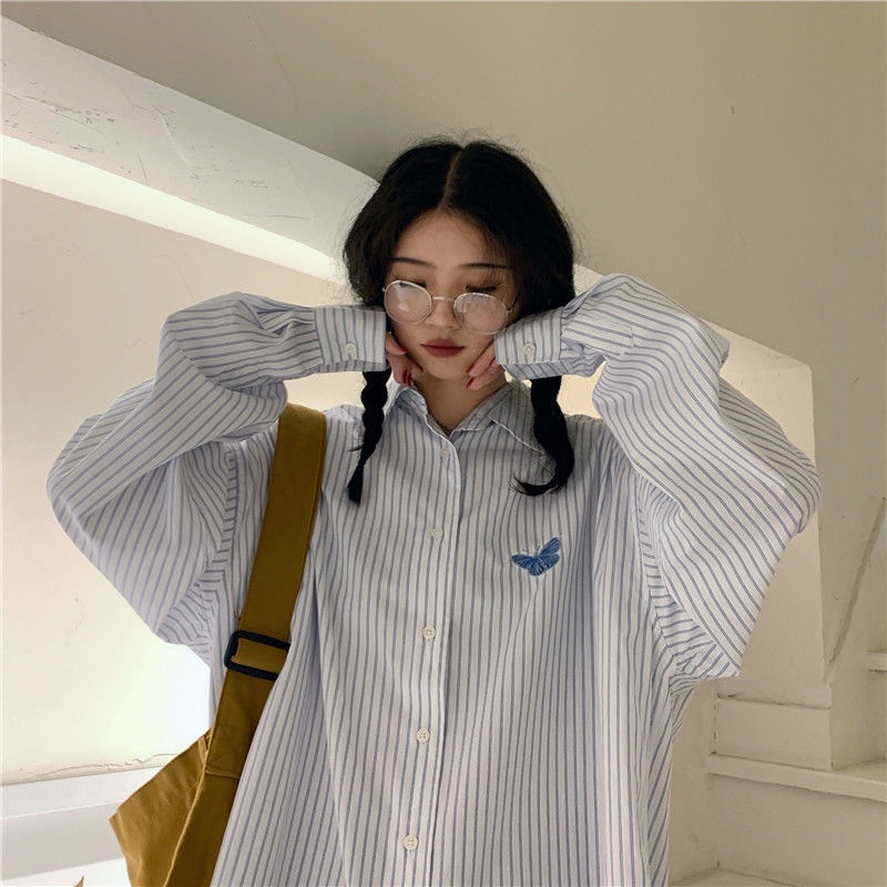 IELGY Áo sơ mi nữ dáng rộng tay dài cổ polo kẻ sọc họa tiết thêu thời trang Hàn Quốc