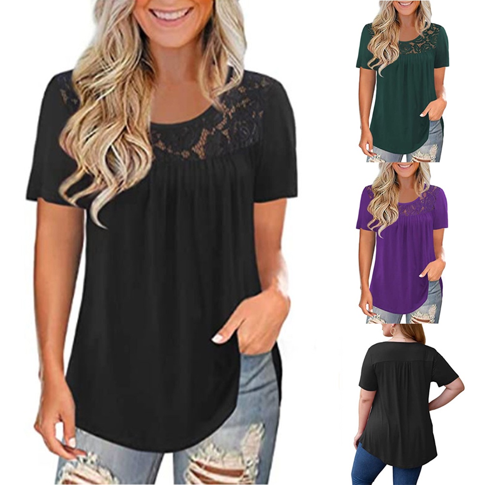 Áo thun đen tay ngắn cổ tròn phối ren hoa có size 2XL