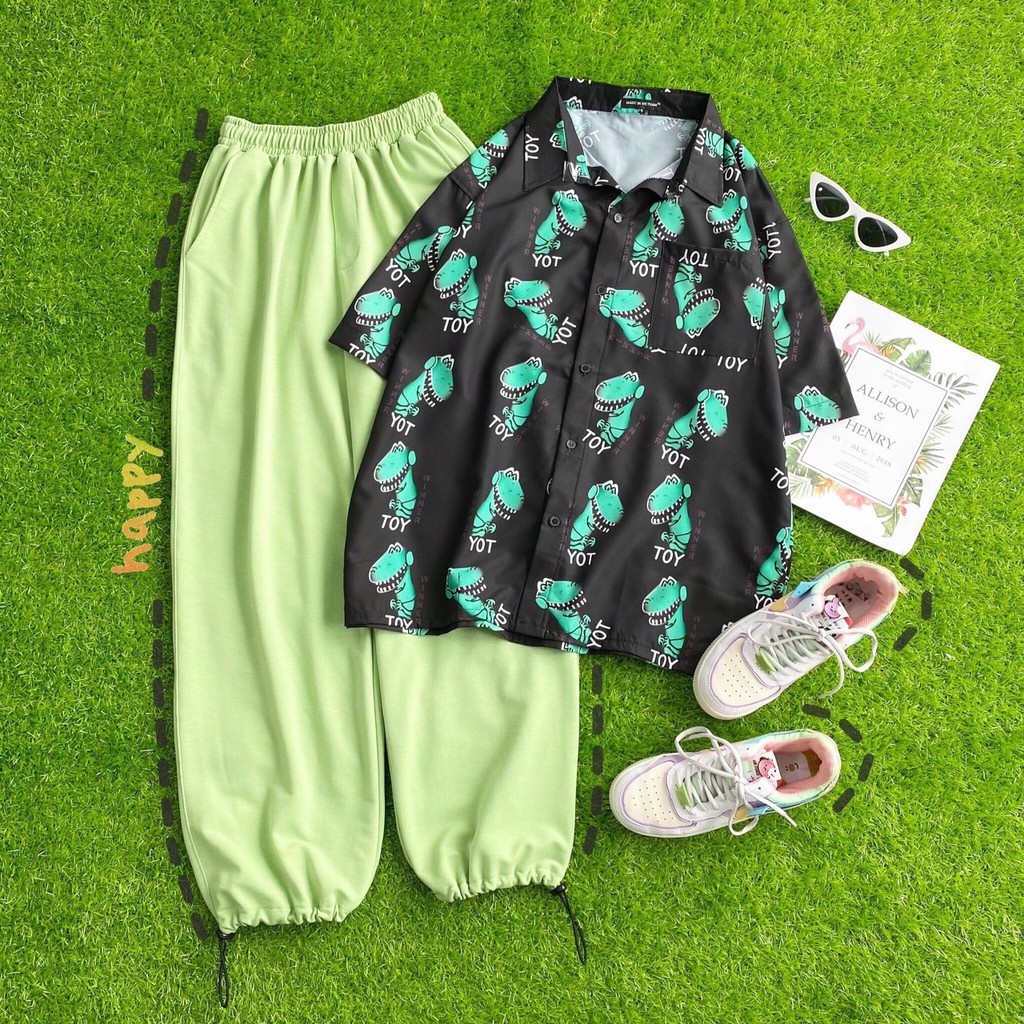 Áo sơ mi hoạ tiết khủng long xanh tay lỡ dáng rộng, sơ mi hoa dáng rộng đi biển unisex - mm | BigBuy360 - bigbuy360.vn