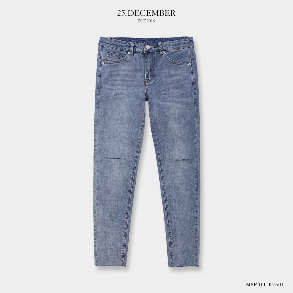 Quần Jean nam xanh rách 2 gối, cắt gấu đẹp - Thương hiệu 25.December mã QJTK2501