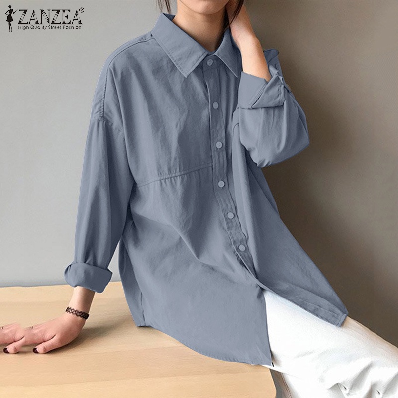 ZANZEA Áo Sơ Mi Tay Dài Cổ Bẻ Có Túi Giả Thời Trang Cho Nữ