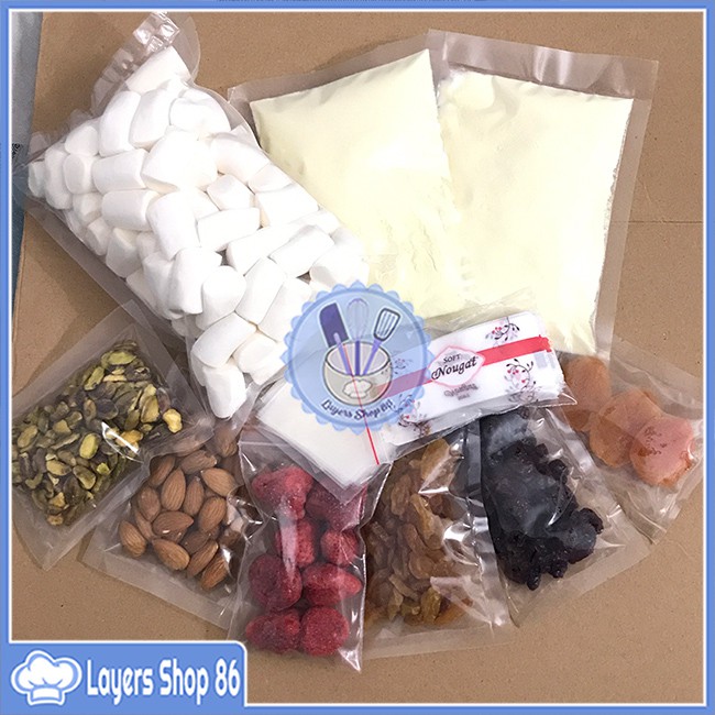 Sét Nguyên liệu làm kẹo Nougat/ kẹo Hạnh Phúc - Tặng Kèm công thức, tặng kèm giấy gạo, túi đựng và giấy nến
