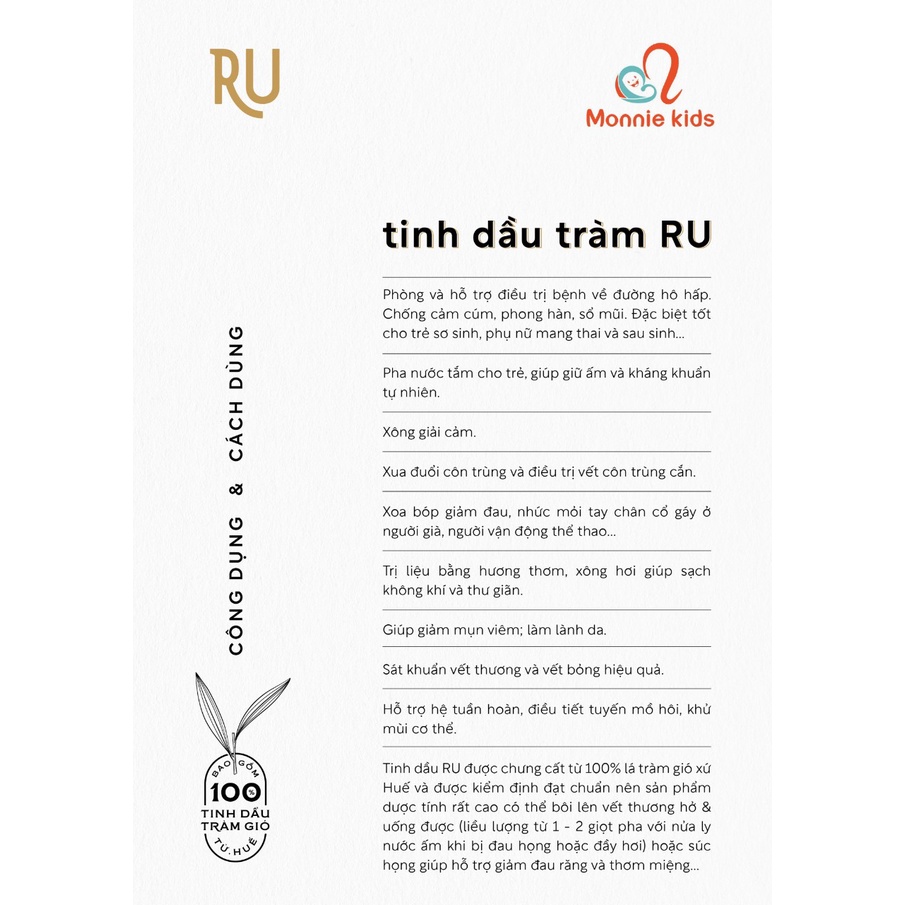 Tinh dầu tràm tự nhiên RU 50ml, dầu tràm nguyên chất chiết xuất tự nhiên - Monnie Kids