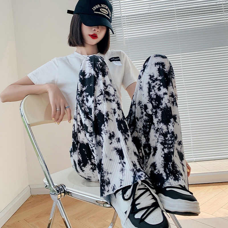 Quần Dài Lưng Cao Ống Rộng Họa Tiết Màu Nhuộm Thời Trang Mùa Hè Cho Nữ