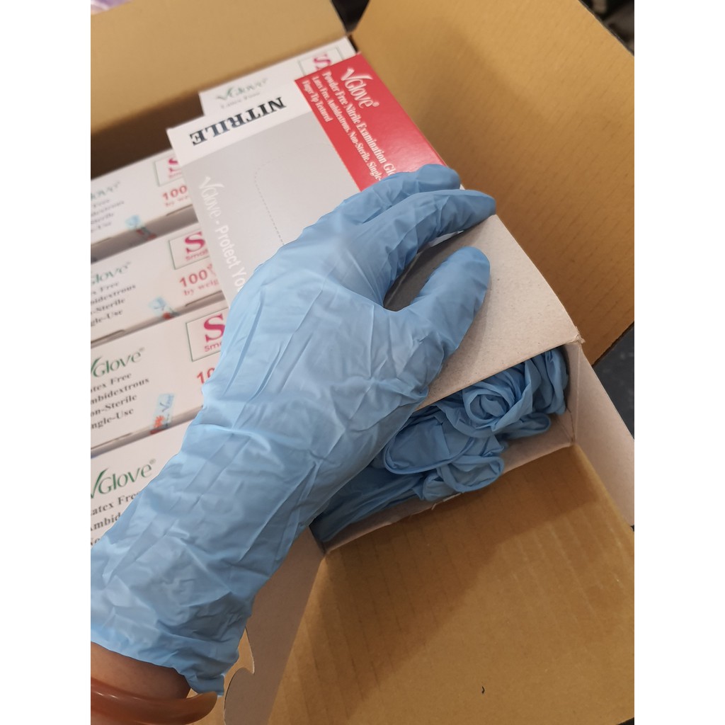 Găng tay y tế Nitrile Vglove không bột màu xanh- HÀNG SẴN-- Hộp 100 chiếc | BigBuy360 - bigbuy360.vn