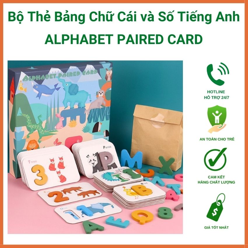 Alphabet paired card - Bộ thẻ học tiếng Anh cho bé 3+ tuổi, giúp bé học bảng chữ cái, số đếm, từ vựng về động vật