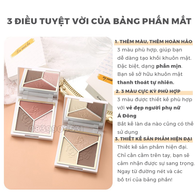 Phấn bắt sáng highlight, tạo khối, má hồng 3 màu Lameila kèm cọ trang điểm xinh ZENTOP | BigBuy360 - bigbuy360.vn