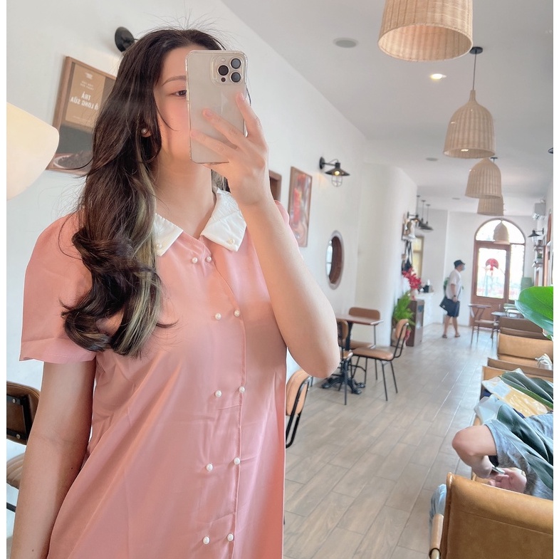 Đầm bầu ngắn tay cổ trắng đính hạt chai thời trang MSP258 vải cát hàn mềm mát Mom and Baby