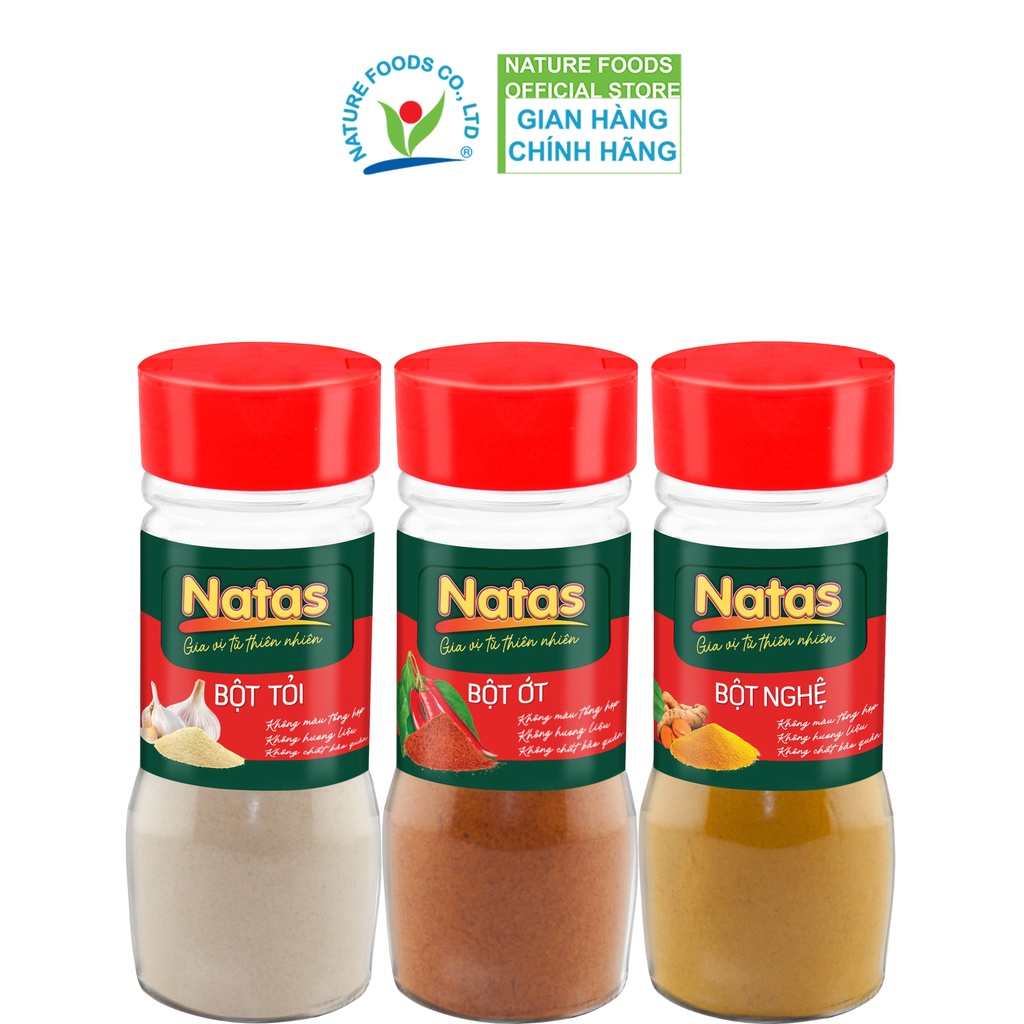 Combo gia vị ướp Natas phong cách Châu Á: Bột tỏi hũ 65g + Bột ớt hũ 45g + Bột Nghệ hũ 40g