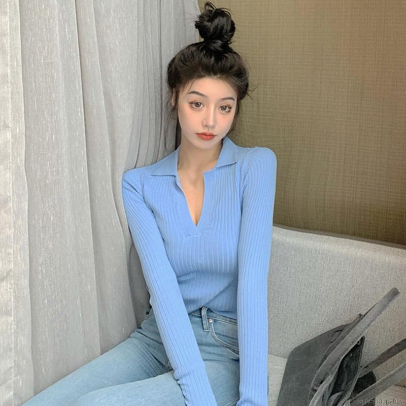 Áo Thun Dệt Kim Tay Dài Cổ Bẻ Thiết Kế Màu Trơn Thanh Lịch