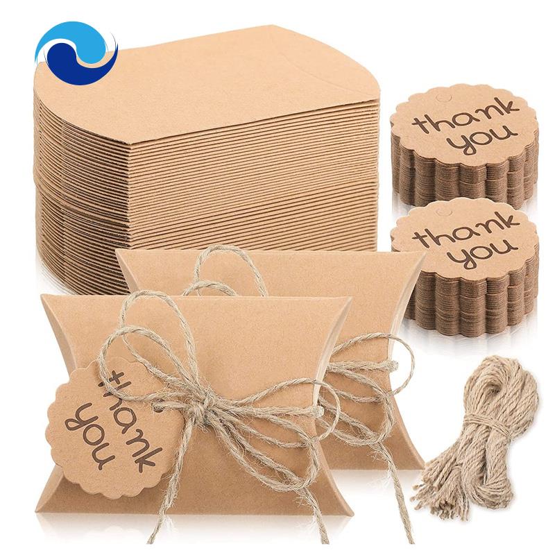 150 Pieces Kraft Paper Pillow Box Kit Candy Box Wedding Favor Box with Thank You Tag and Twines for Wedding Baby Shower