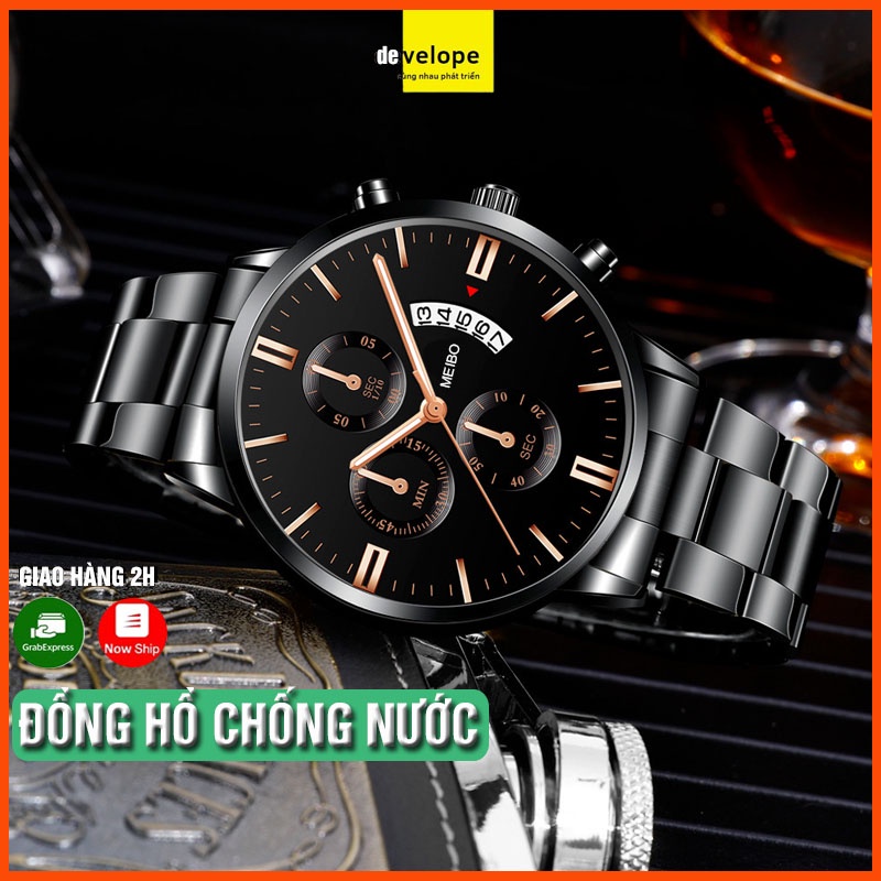 Đồng hồ nam dây thép đúc MEIBO đẳng cấp phái mạnh chạy 3 kim, CHỐNG NƯỚC