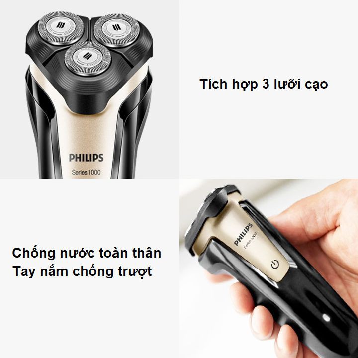 Máy cạo râu khô và ướt 3 lưỡi cạo cao cấp thương hiệu Philips S1020 - Hàng Nhập Khẩu