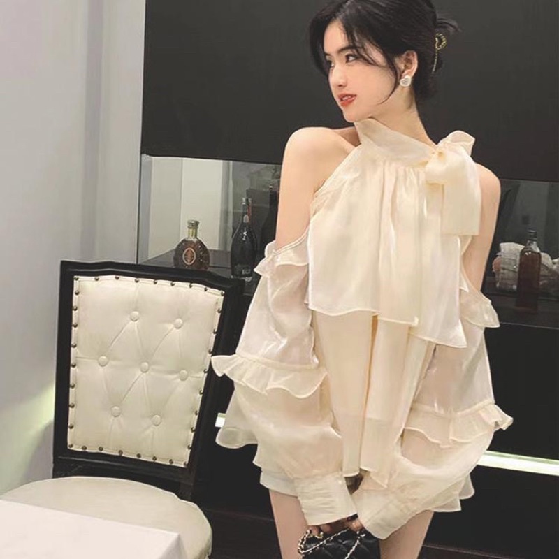 Áo Voan Hở Vai Tay Bèo Nơ Cổ Vải Voan Lụa Organza Óng